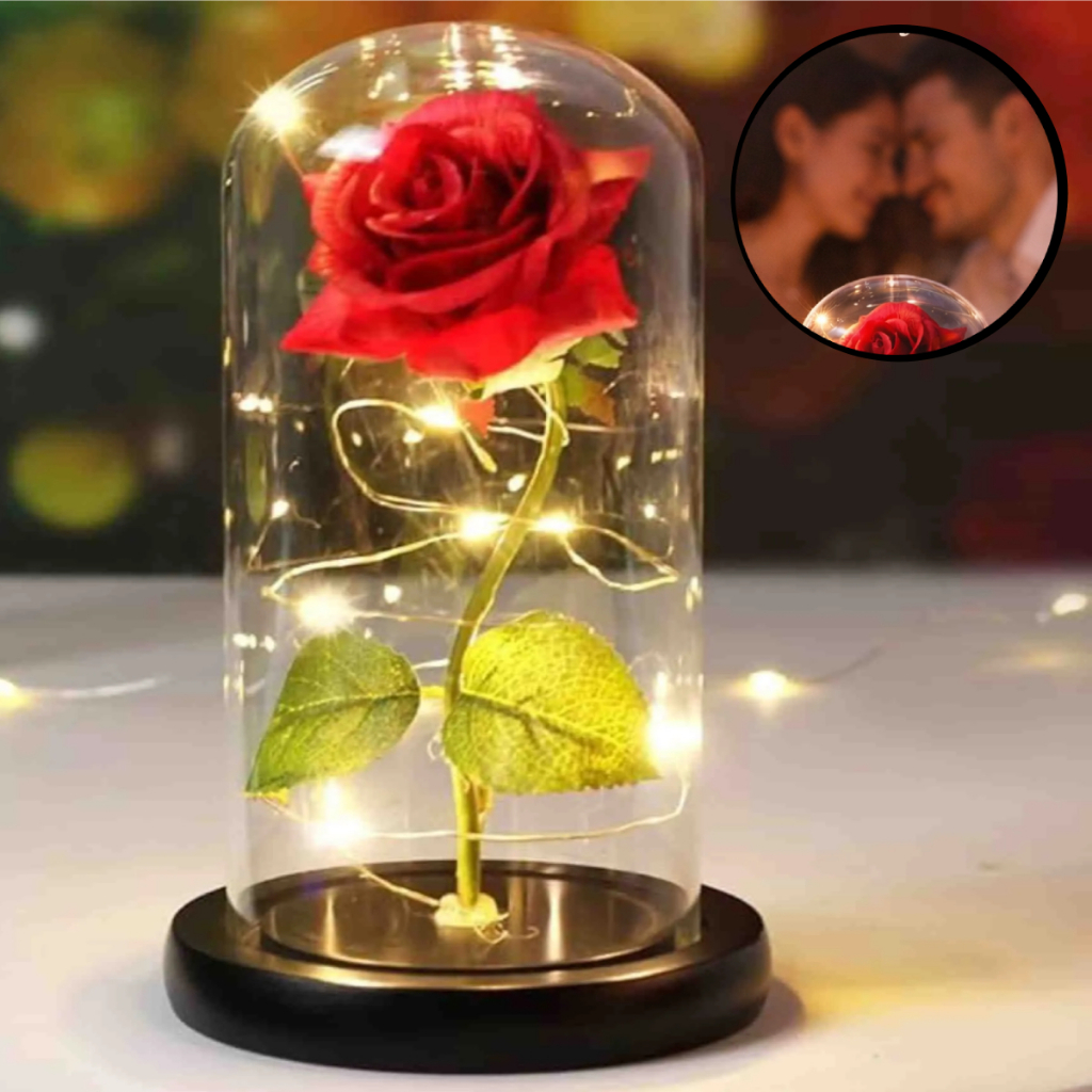 Rosa Encantada com Luz LED - Flor Eterna Decorativa em Cúpula de Acrílico