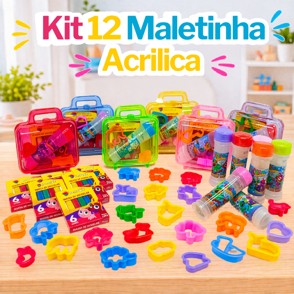 Kit 12 Massinha Modelar + 12 Bolha Sabão + 24 Cortador Massinha + 12 Maletinha Acrílico Lembrancinha
