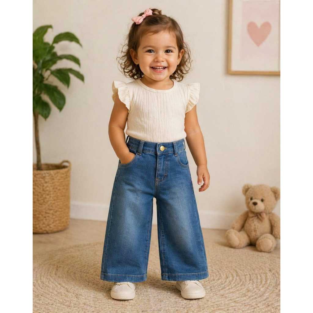 CALÇA LORDAN JEANS PREMIUM INFANTIL DE BEBÊ MENINA WIDE CLARA 01 AO 03 COM MUITO ESTILO