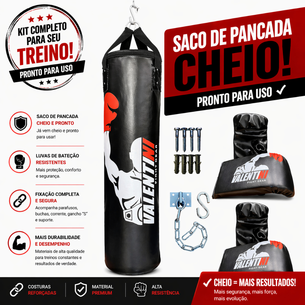 Saco de Pancada VALENTINI 100 cm CHEIO - Treino Boxe Muay Thai  + 2 PAR DE LUVA BATE SACO+ SUPORTE DE TETO