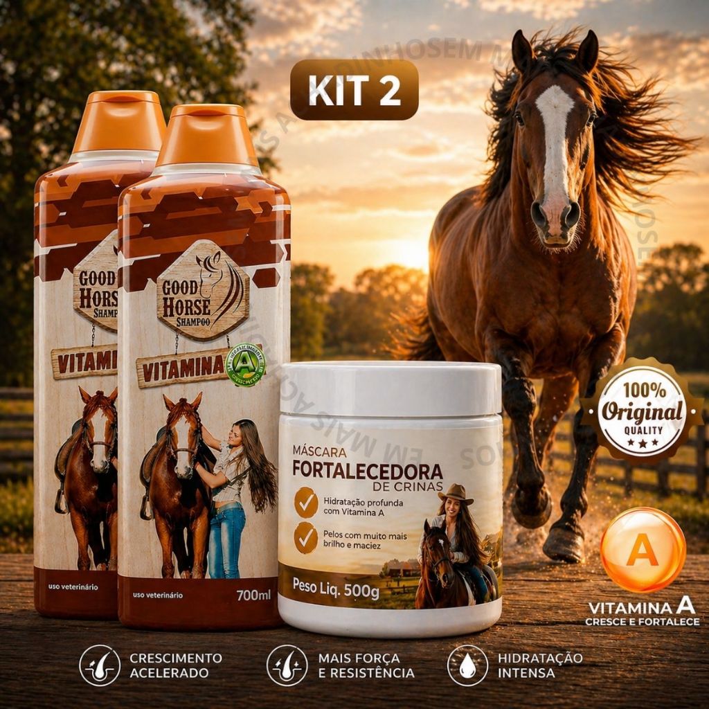 Kit Good Horse Shampoo 700ml e Máscara Hidratante Vitamina A Crescimento Acelerado e Fortalecimento dos Fios Cavalo