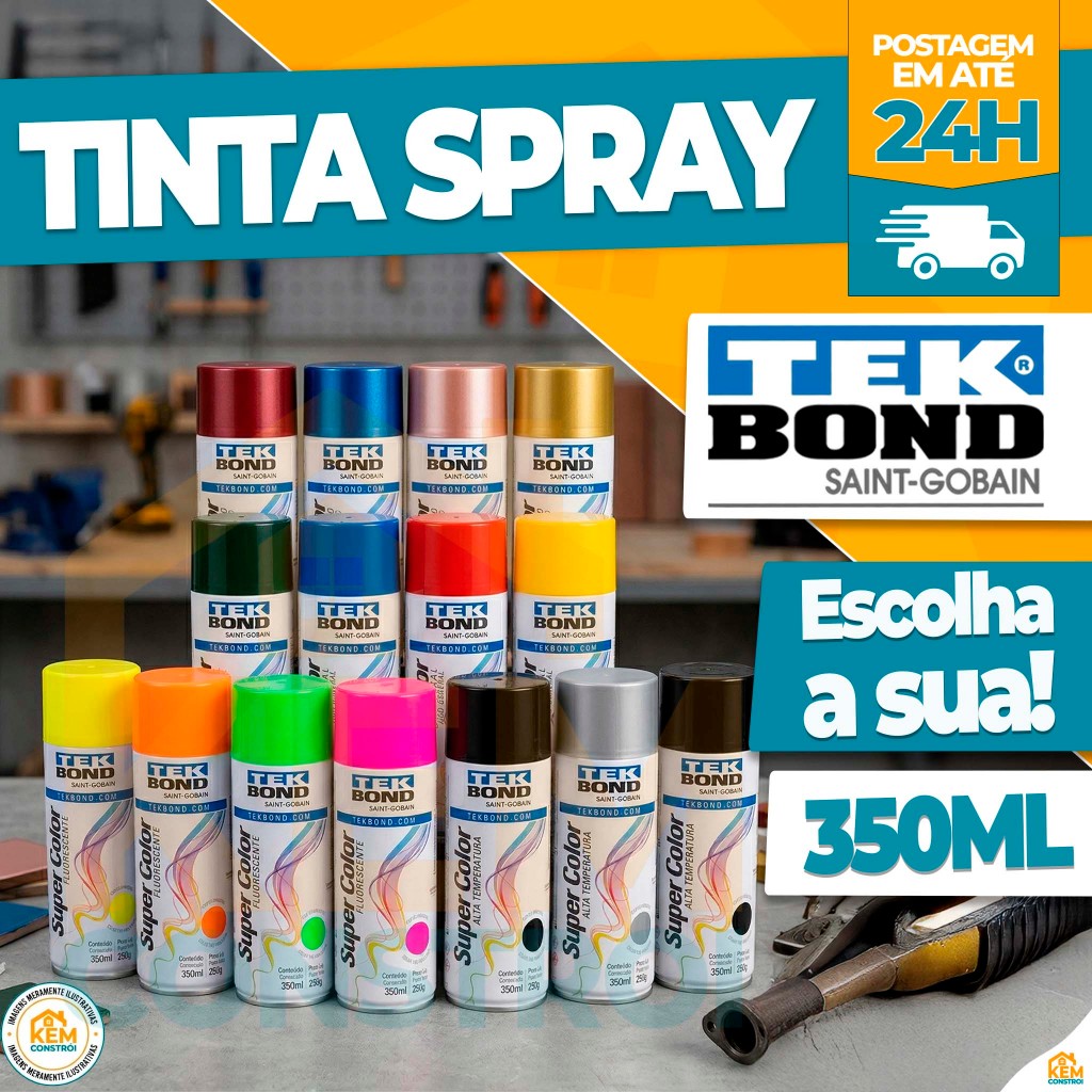 Tinta Spray Tekbond 350ml Uso Geral Varias Cores Alta Temperatura Metálica e Luminosa