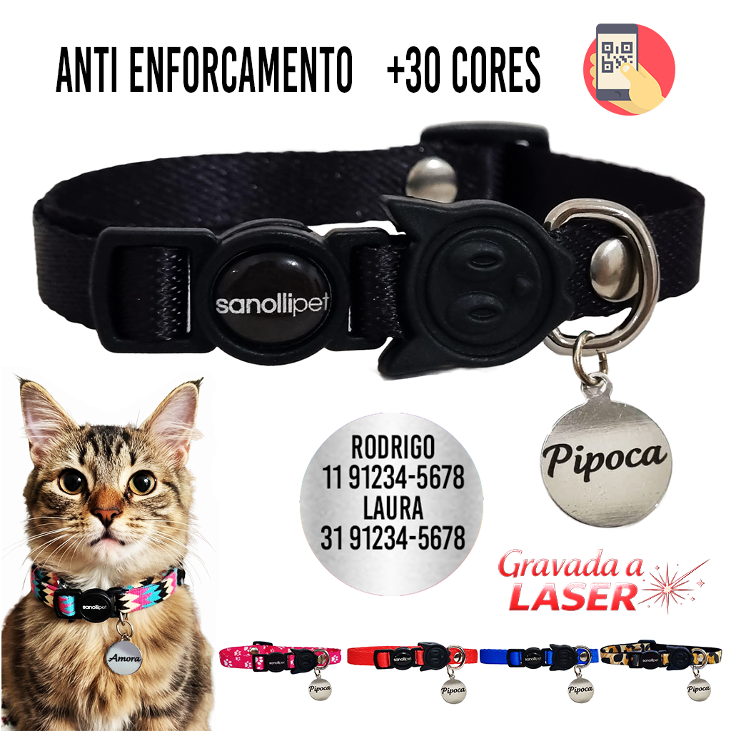 Coleira De Gato Com Sistema Anti Enforcamento Mais Plaquinha Com Nome E Telefone Reforçada Estampas