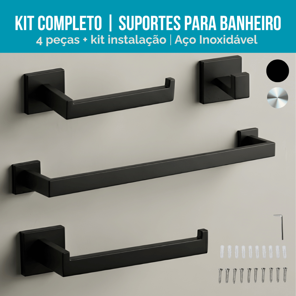Kit Acessório Banheiro 4 Peças 60cm Aço Inox 304 Luxo Toalheiro Parede Preto Cromado Lavabo Quadrado