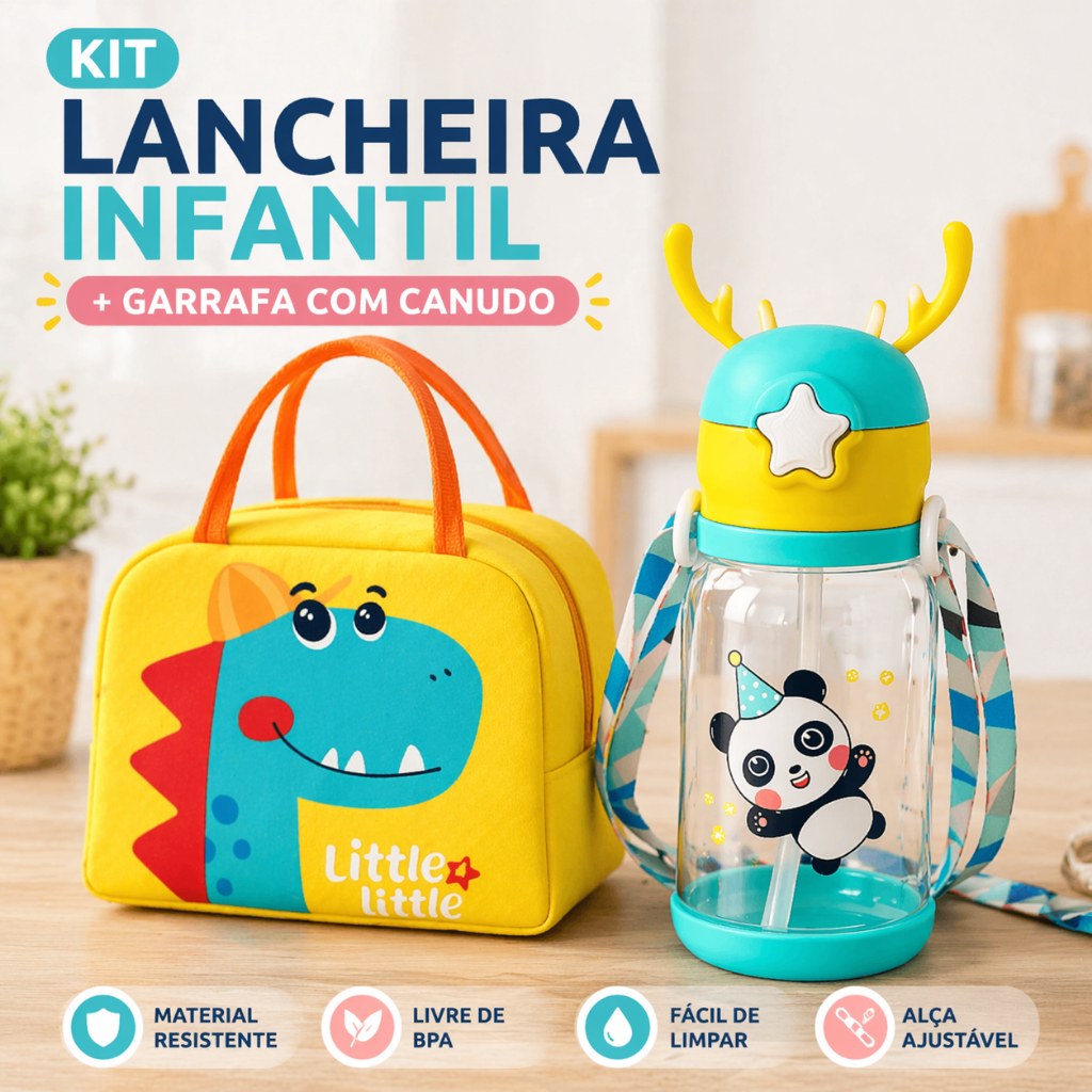 Kit Bolsa Lancheira Térmica Infantil + Garrafa Agua Infantil Alce 580ml