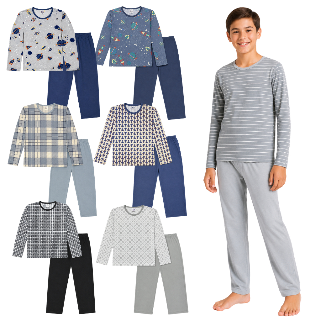 Kit 2 Pijamas Longo Juvenil Masculino Manga Comprida Estampa Sortida 10 ao 16