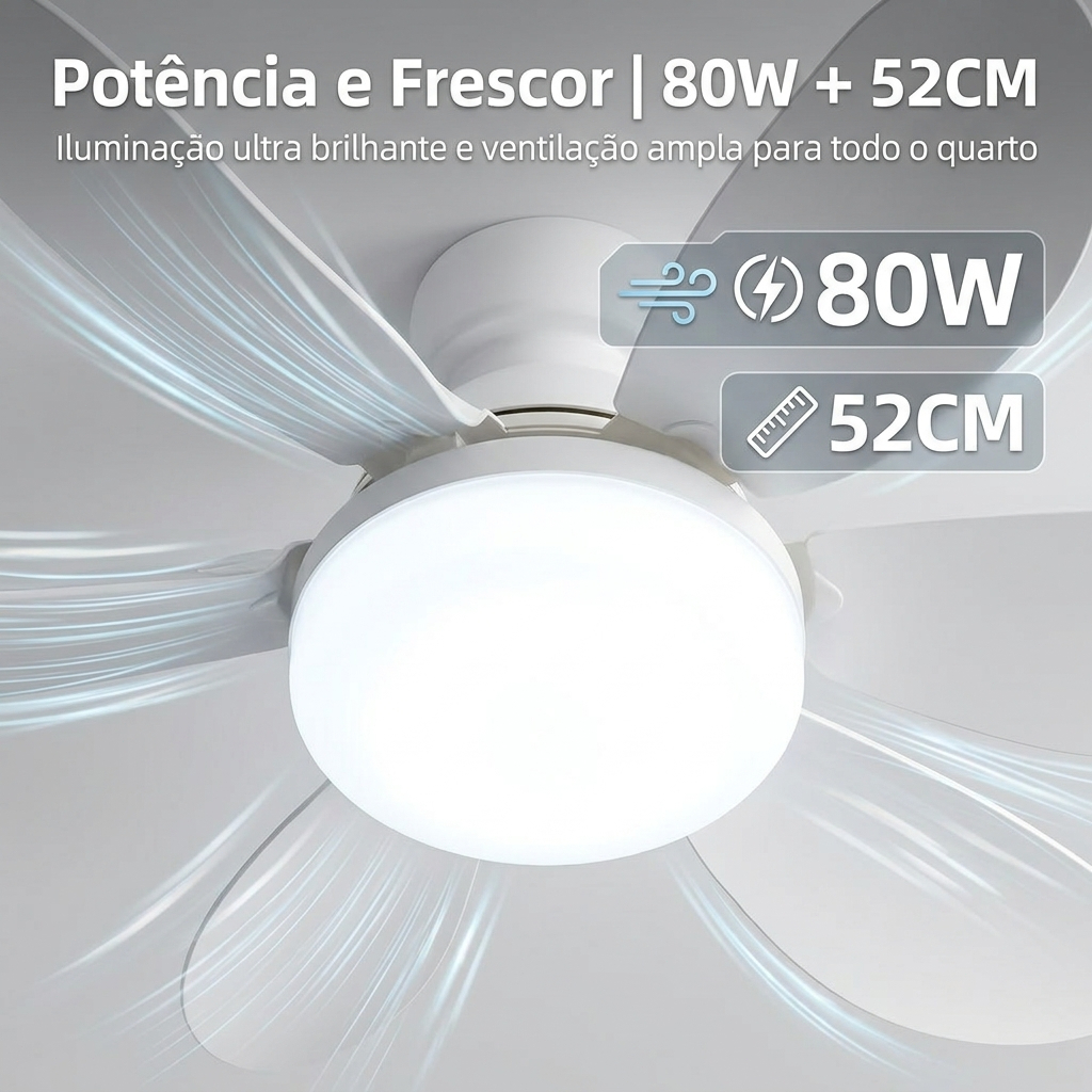 Ventilador de Teto 52CM 80W Lâmpada 3 Cores E27 Silencioso Bivolt 2 em 1 Controle Remoto PREMIUM Branco