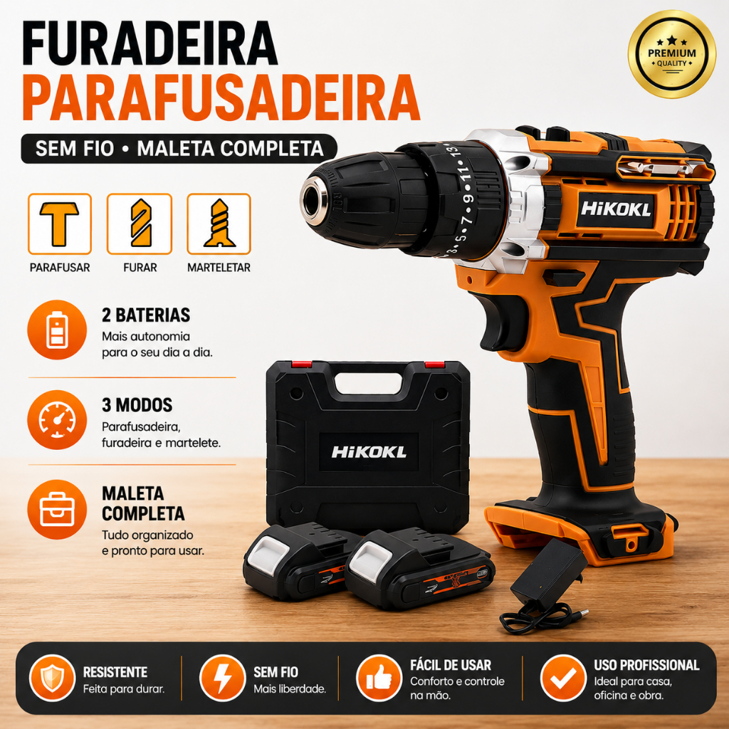 Furadeira Parafusadeira Chave de Impacto Recarregavel 2 Baterias 21V 36V 48V Sem Fio Maleta Completa