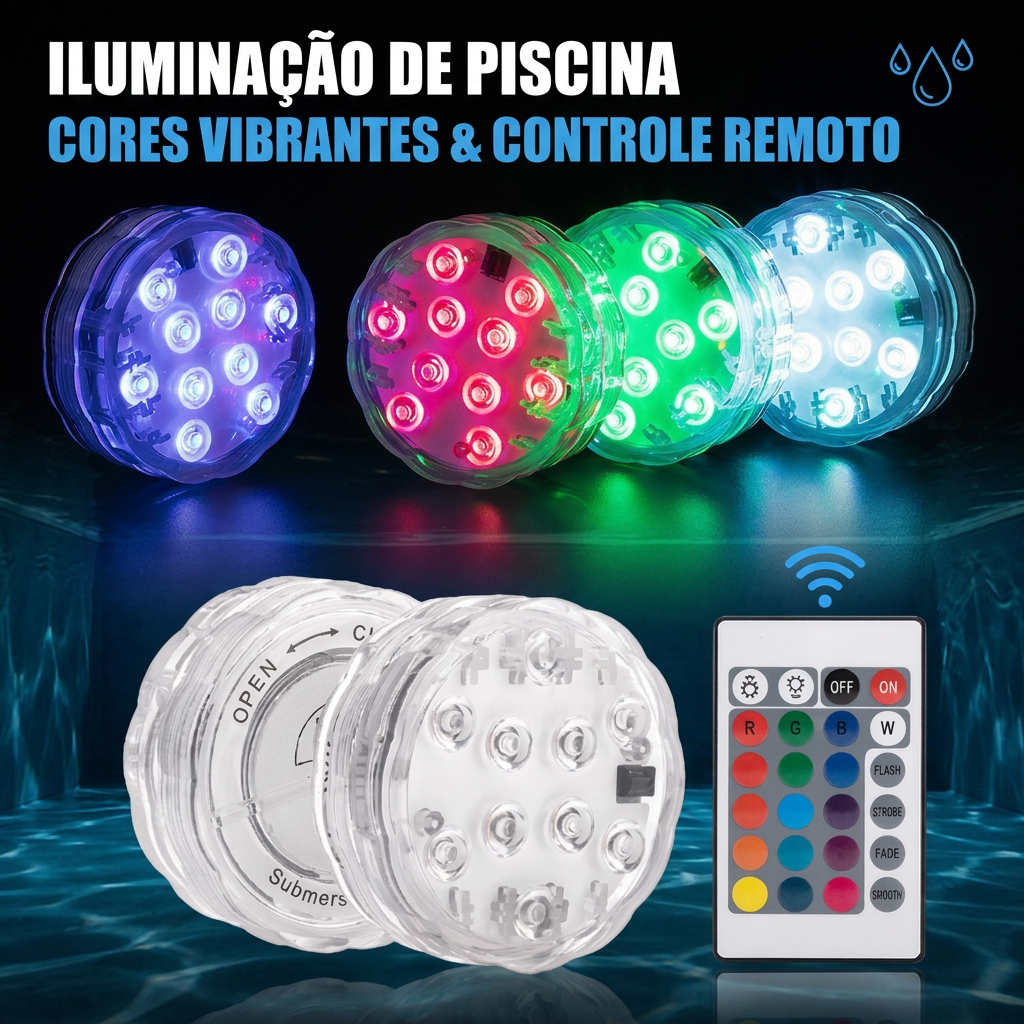 Kit 3 de Lâmpada Led Submersível Com Luz De Nadar Piscina Rgb Led Subaquática Luz + Controle Remoto