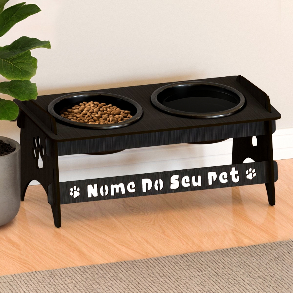 Comedouro Personalizado Com Nome Para Gatos E Cachorros Pequenos e Médios De Madeira Com Potes Plástico