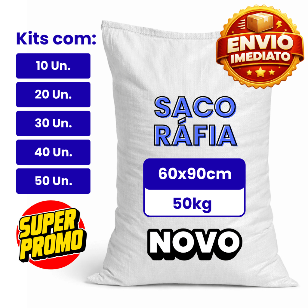 Kit 50 Sacos Ráfia 60x90 50Kg Novo Branco Direto da Fábrica Entulho Obra Resistente