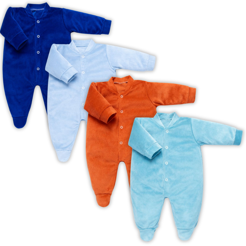 Kit 4 Peças Macacão Bebe Plush Liso Inverno Veludo Macio Menino