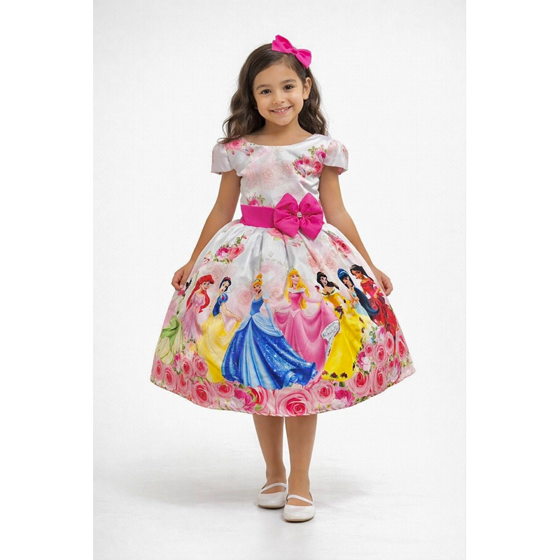 Vestido temático infantil menina princesas festa aniversário