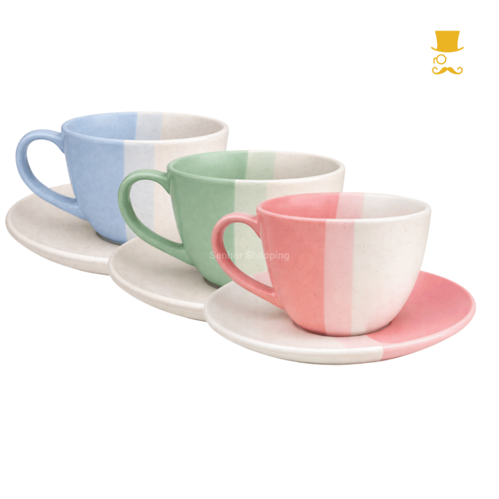 Kit Xícaras 250ml Redondas De Cerâmica Bicolor Com Pires 2 a 6 Unidades – Resistentes e Elegantes