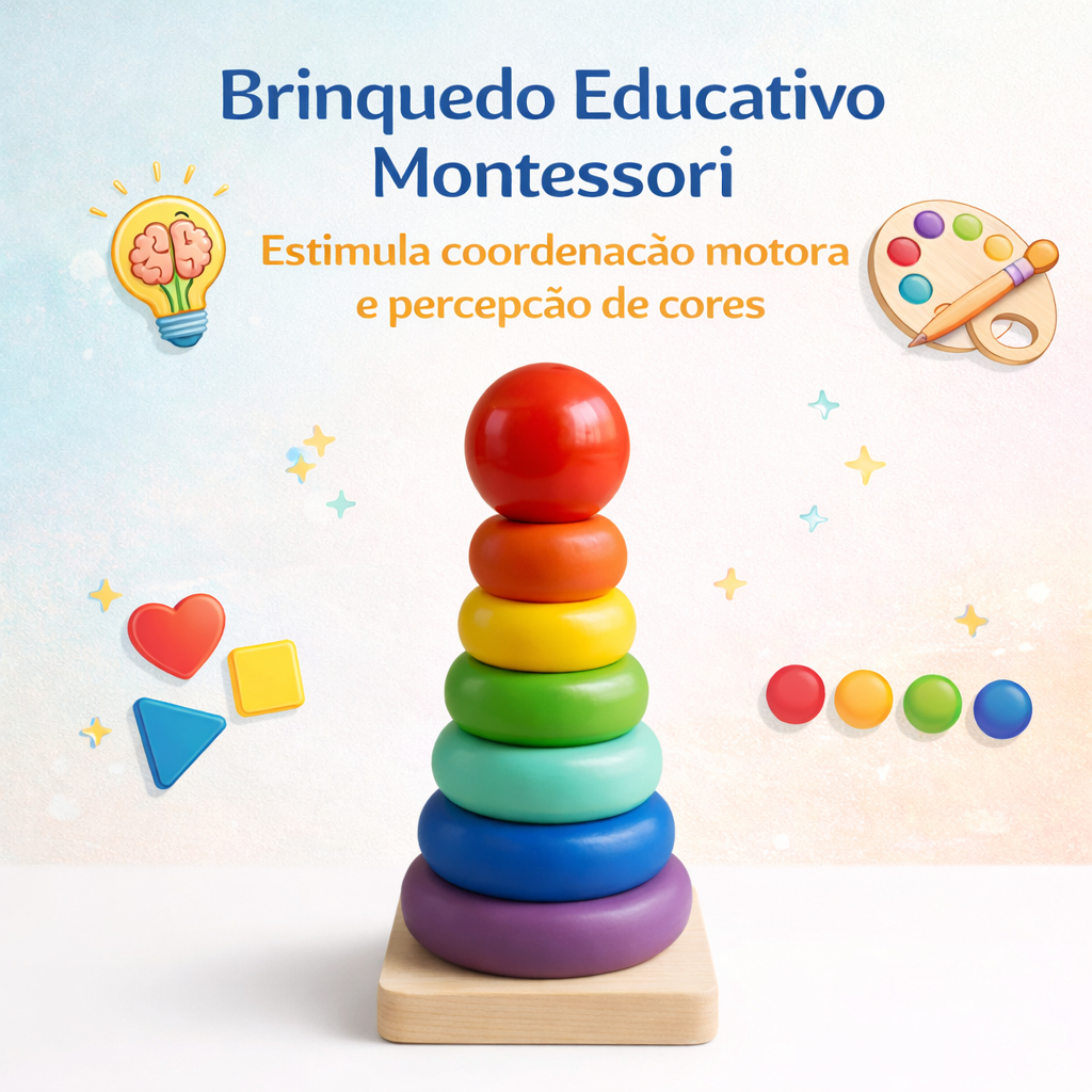 Torre de Empilhar Montessori Colorida Brinquedo Educativo Infantil Coordenação Motora MDF