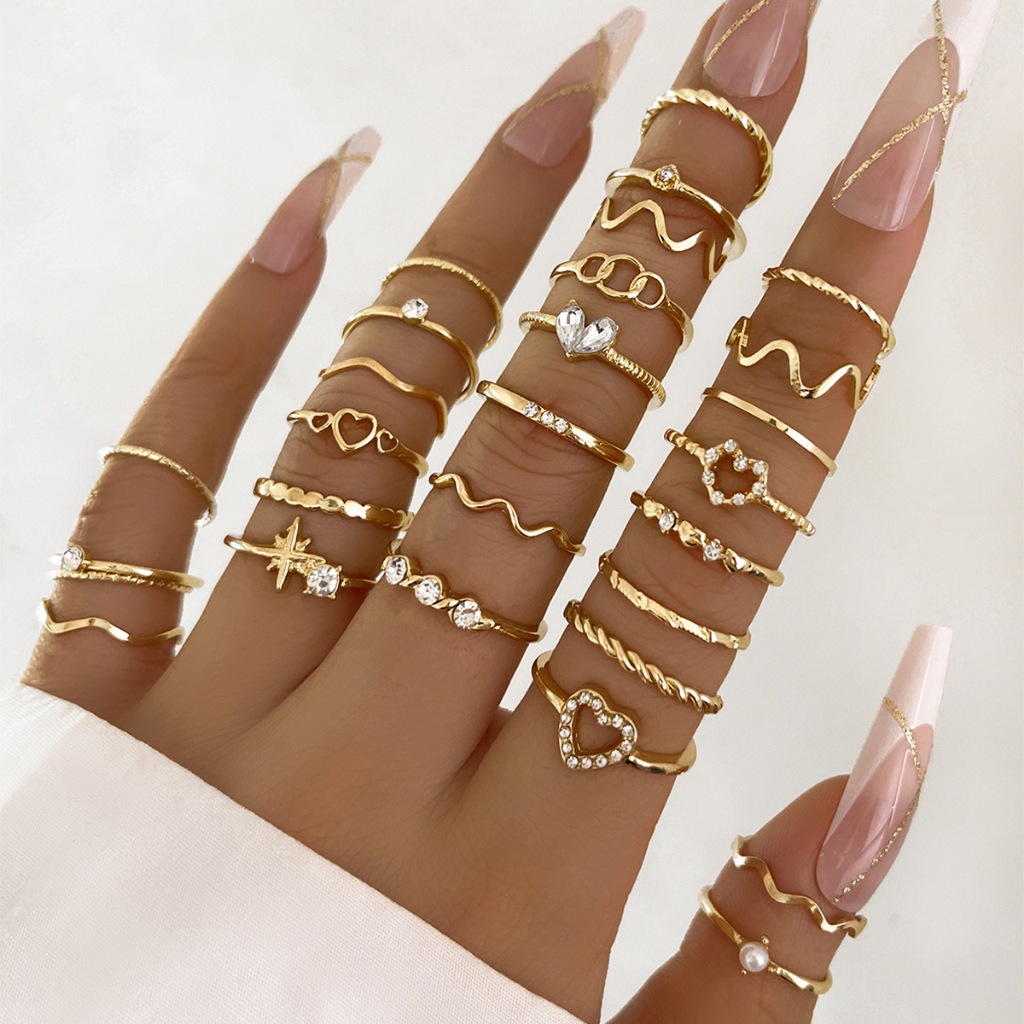 Conjunto 28 Anéis Femininos Dourado Prata Coração Pedra Minimalista Ondulado