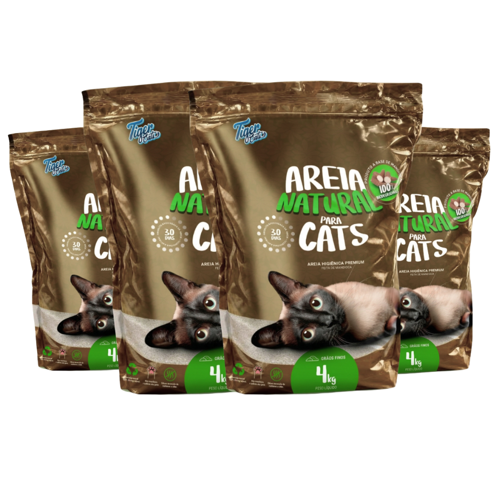 Areia Higiênica Natural Biodegradável Mandioca Para Gatos Tiger Cats Kit 16kg