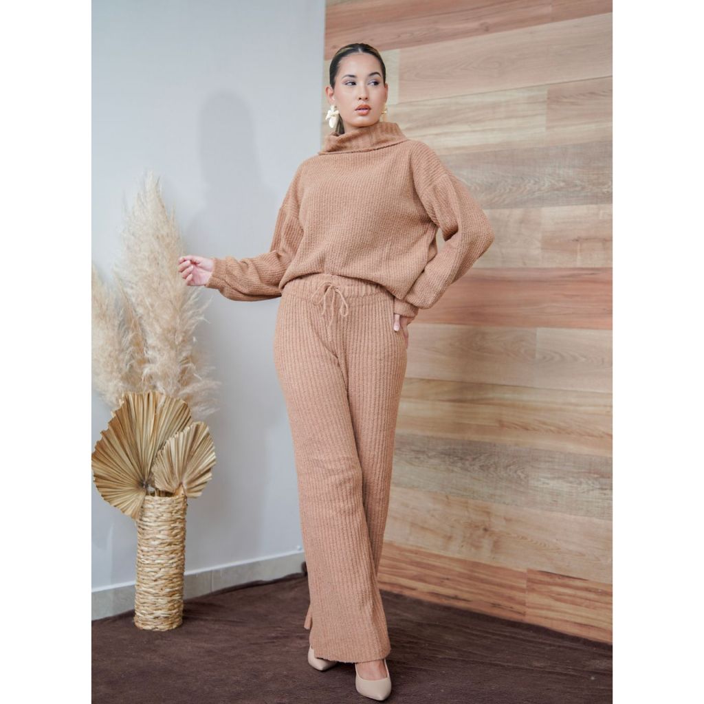 Conjunto Feminino Inverno Tricot Mousse Calça Pantalona e Blusa De Frio Gola Alta Manga Longa