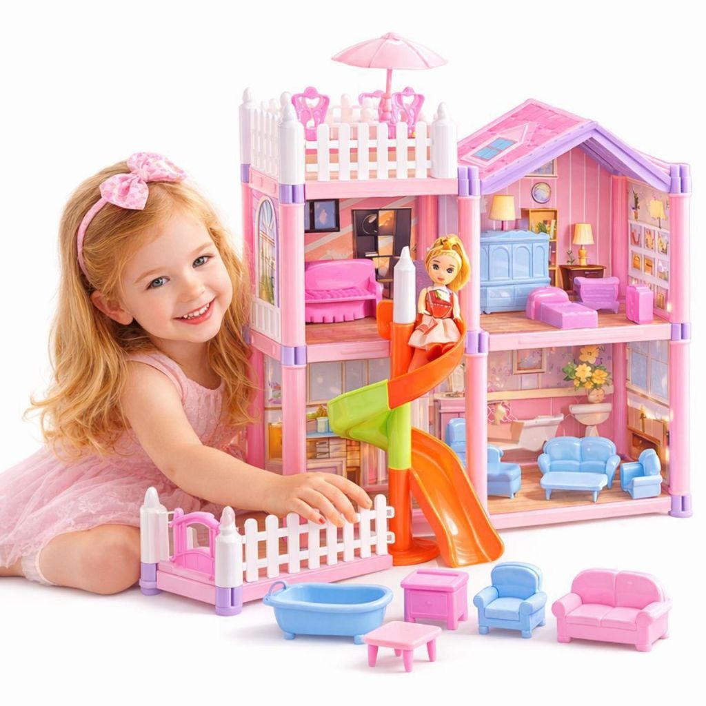 Casinha de Boneca Casa Com 120 Peças Escorregador Brinquedo Menina
