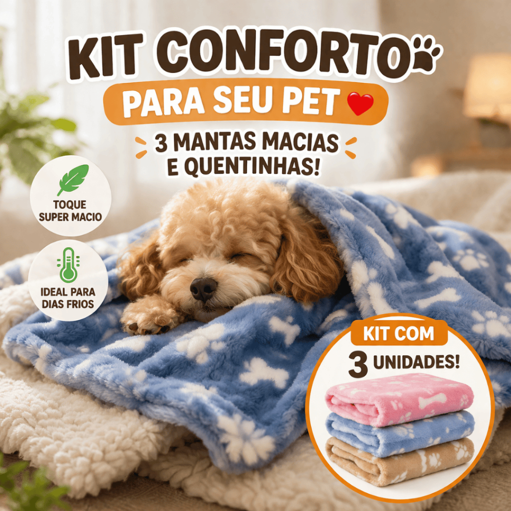 Kit 3 Mantas Pet 90x80cm Soft Macia Cobertor para Cachorro e Gato Lavável Quentinha Confortável