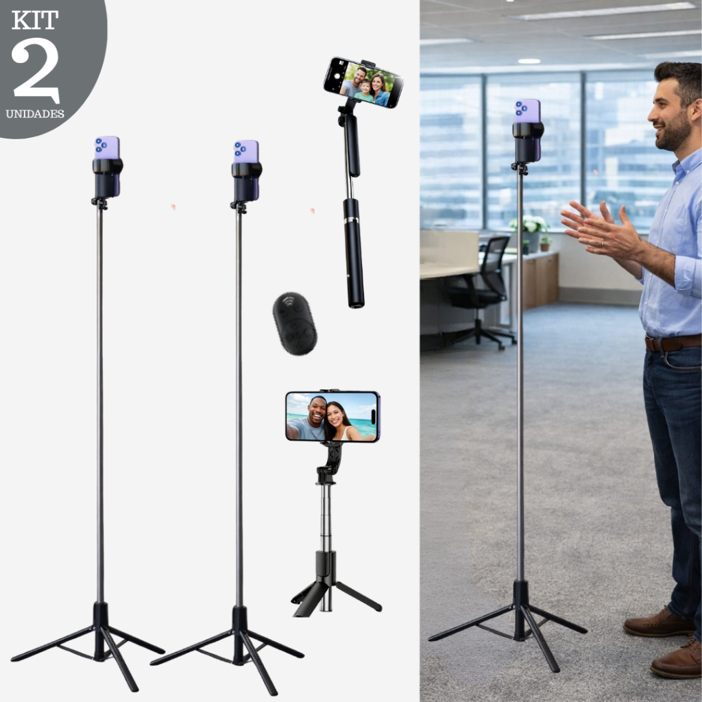 Kit 2 Tripé Para Celular Bastão Portátil Controle Foto Vídeo Selfie Ajustável Gravar Extensível 1,70m