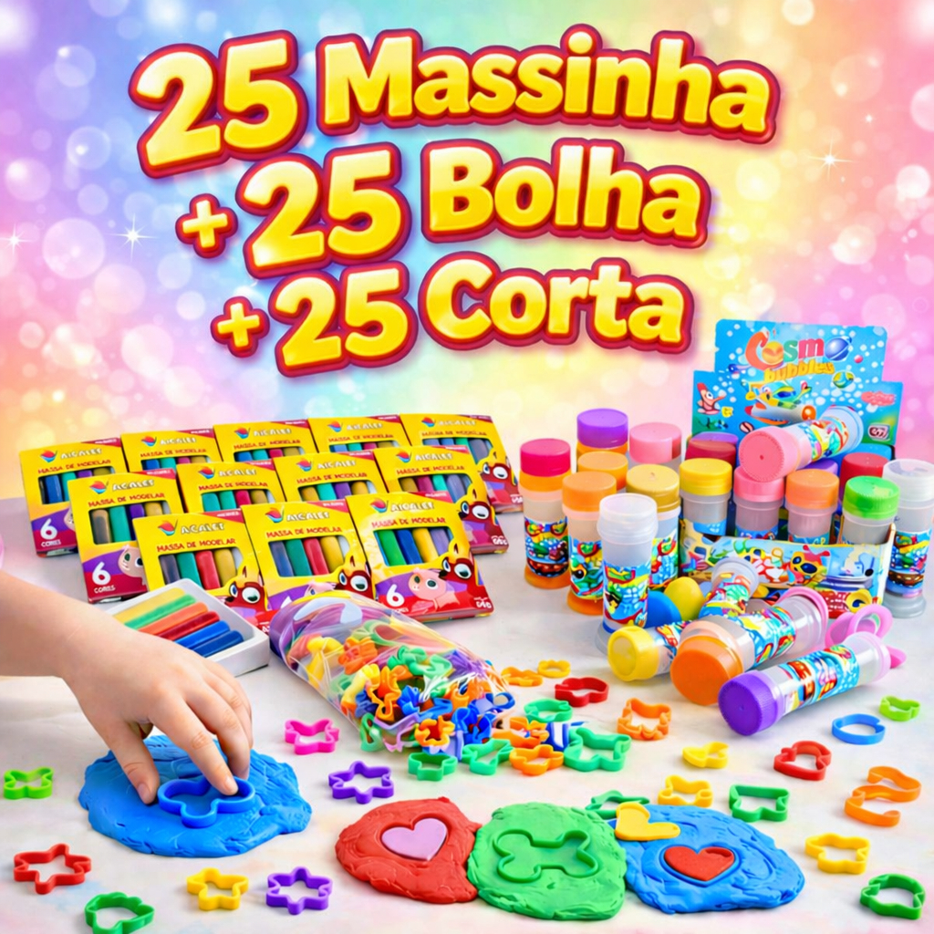 Kit 25 Massinha de Modelar + 25 Bolha de Sabão + 25 Cortador Molde Kit Festa Lembrancinha Infantil