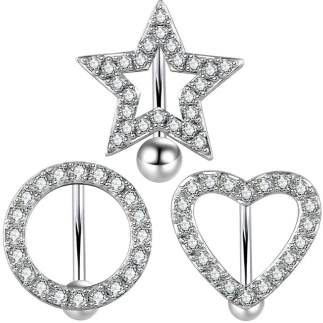 Piercing de umbigo em formato de coração com estrela totalmente cravejada de strass, haste de 1,6 mm de espessura