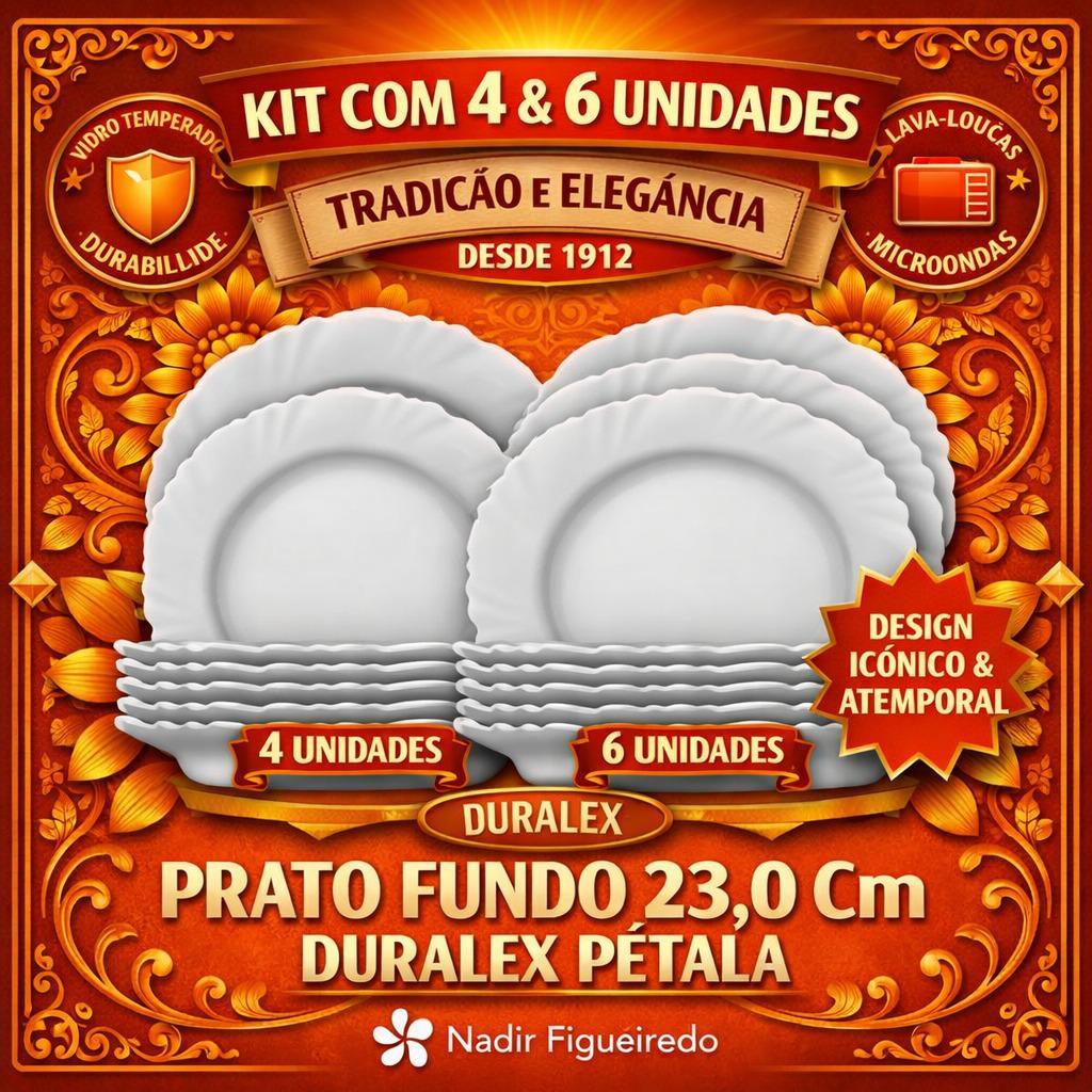 Kit 6 ou 4 Prato Fundo Duralex Branco Pétala Vidro Resistente Original Nadir Figueiredo Ideal Almoço Jantar