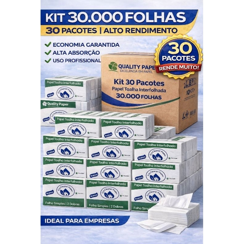 Papel Toalha Interfolhado 30.000 Folhas 30 Pacotes Branco 2 Dobras Alta Qualidade Direto Fábrica Envio Imediato