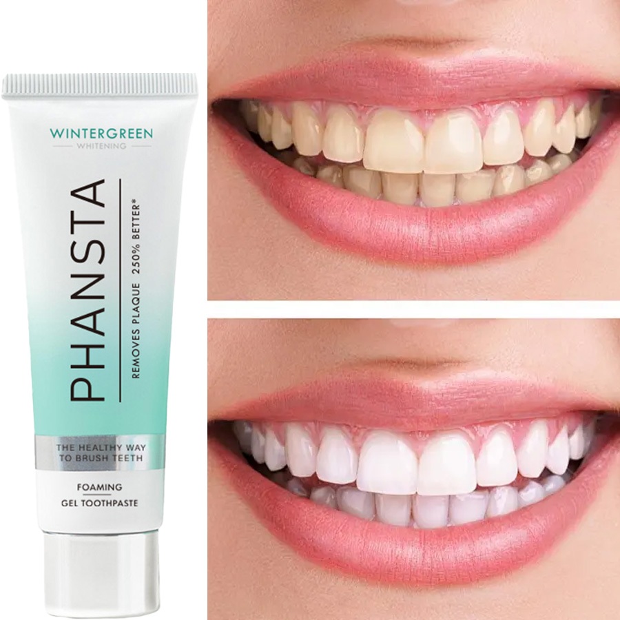 Phansta Creme Dental com clareador natural de wintergreen, sem SLS e sem flúor.