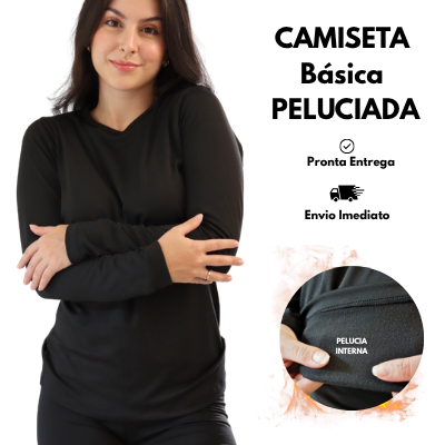 Camiseta Segunda Pele Peluciada Básica Feminina Gola Redonda Lisa Inverno Frio Blusa Viagem Camisa