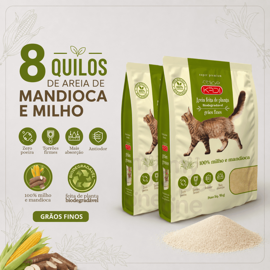Areia Higiênica Natural Biodegradável de Grãos Finos de Milho e Mandioca para Gatos Kadi 8 kg
