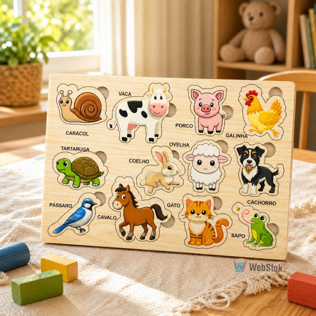 Quebra Cabeça Animais Brinquedo Educativo Encaixe Didático Animais 12 pçs Tabuleiro Madeira