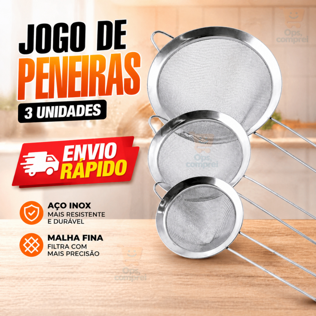 Kit 3 Peneira Aço Coador De Peneiras Inoxidável Utensílio Cozinha Peneira P M G