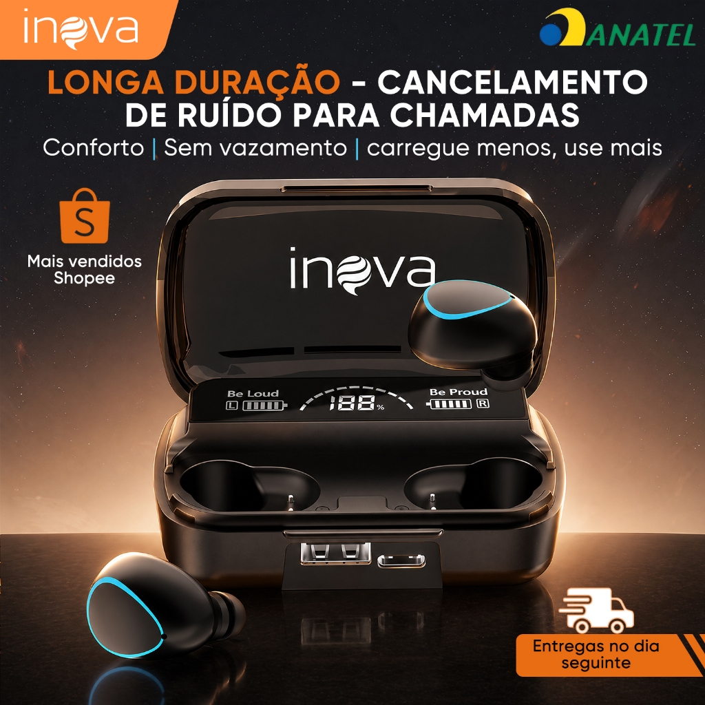 INOVA Fone Bluetooth 5.4 Baixa Latência 50h Bateria ENC Driver 13mm Áudio Premium Ergonômico
