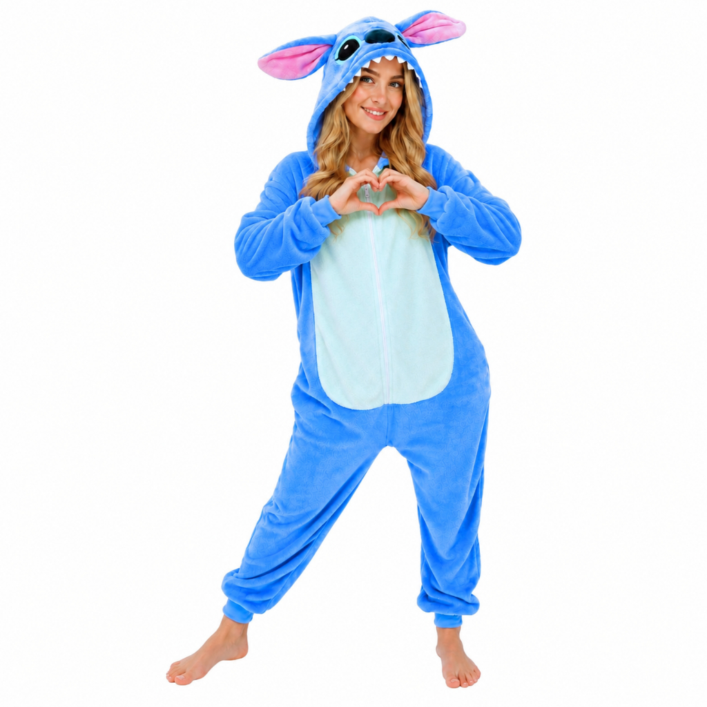 Pijama Stitch Feminino Masculino Longo Zíper Quentinho e Peluciado