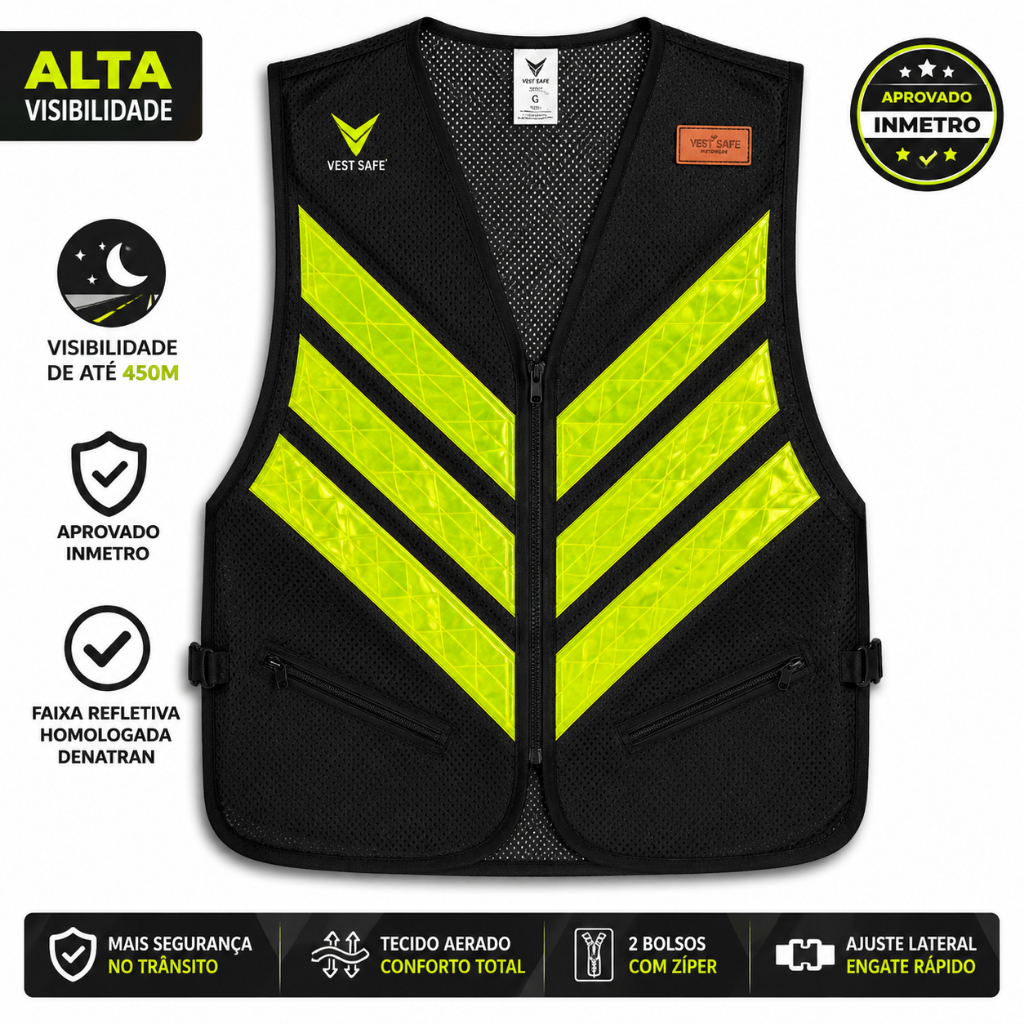 Colete Refletivo Motoboy Mototaxi Faixa Homologada Inmetro Denatran Com Bolso