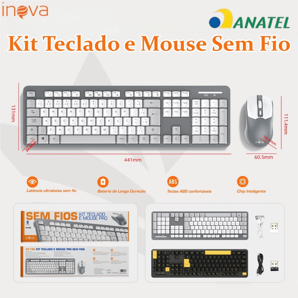 INOVA Conjunto de teclado e mouse sem fio | Baixa latência, bateria de longa duração, teclas silenciosas
