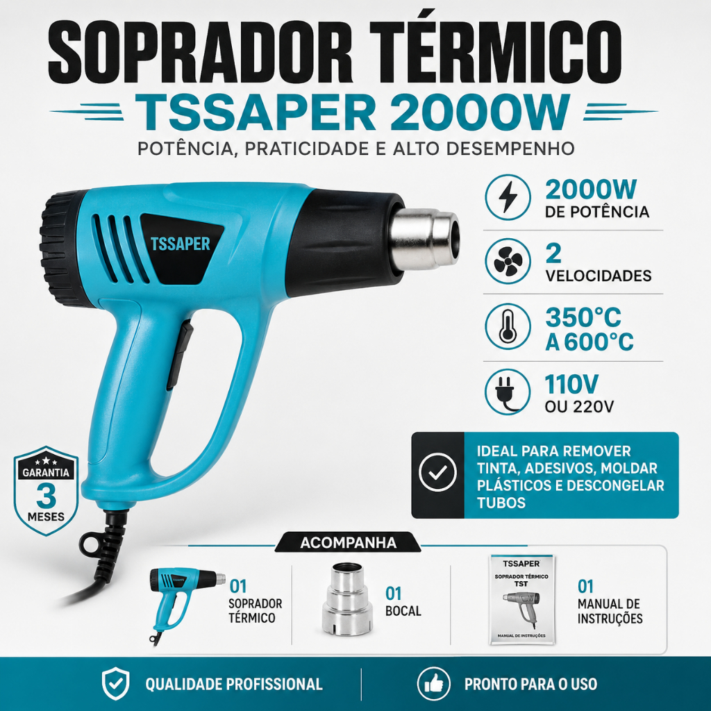 Soprador Térmico Pistola 2000w Ar Quente 2 Velocidades modelo TST Tssaper