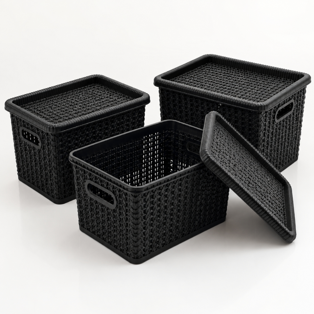 Kit 3 Caixas Organizadoras Rattan Plástico 5L com Tampa e Alças Empilhável Multiuso Casa