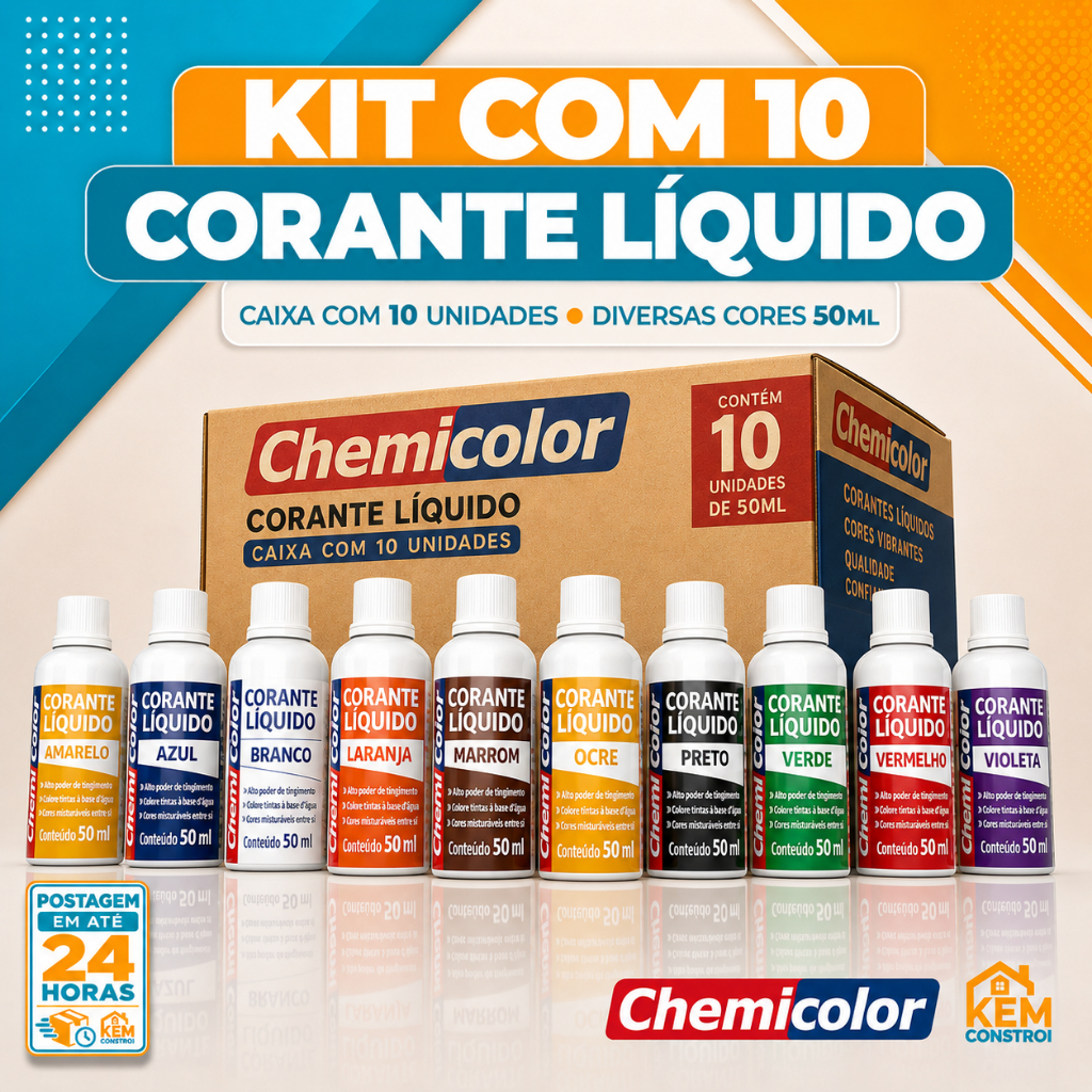 Kit 10 Corantes Pigmento Líquido Chemicolor para Tinta Acrílica e Látex Crie novas Cores