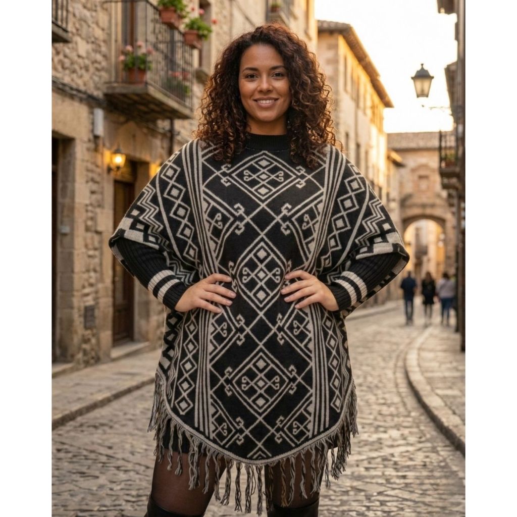 Poncho Jacquard Feminino Tricô Capa Com Franjas Estampado Manga Curta Elegante Moda Outono Inverno