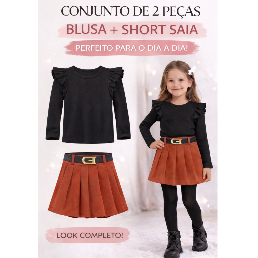 Conjunto Infantil 2 Peças blusa manga longa princesa + short saia Menina tamanhos 4,6,8,10,12