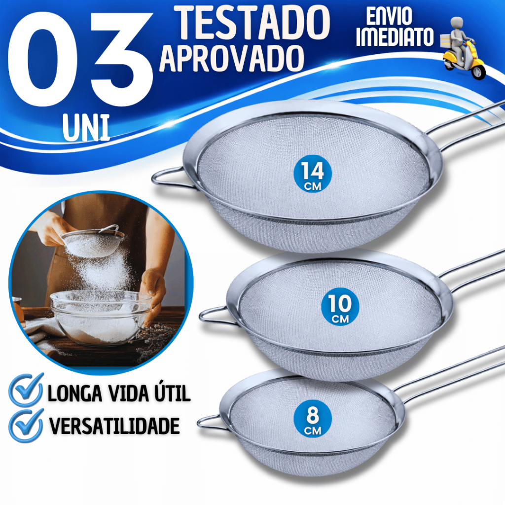 Jogo Peneiras Coador Aço Inox 14cm 10cm 8cm para Cozinha Casa Restaurante Óleo Farinha Utensílios