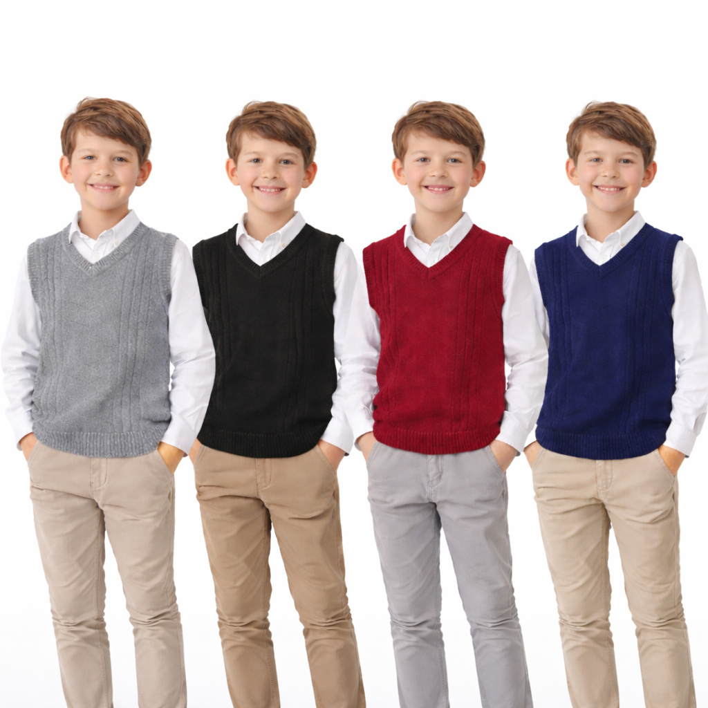 Kit 4 Colete Infantil Masculino Tricot Premium Inverno Escolar Quentinho Elegante Tam 2 ao 12 Cores Clássicas