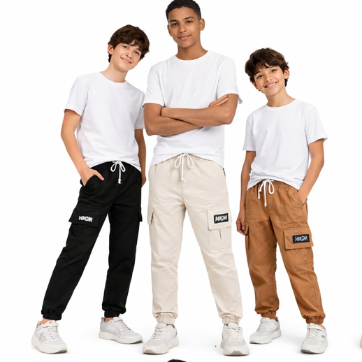 Calça Cargo bordado Infantil juvenil menino Masculina Jogger com Bolsos Confortável com bordado preta bege caqui