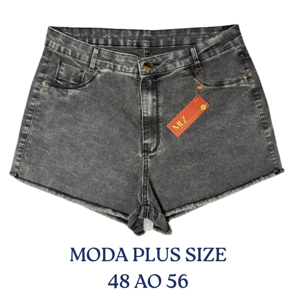 Short Feminino Plus Size Jeans Cintura Alta Elastano Cinza Grafite Preto Marmorizado Confortável