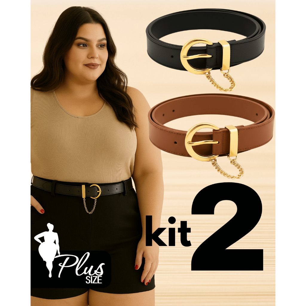 Kit 2 Cinto Feminino Plus Size Fino Elegante Alfaiataria Casual Fivela Corrente Dourada Social