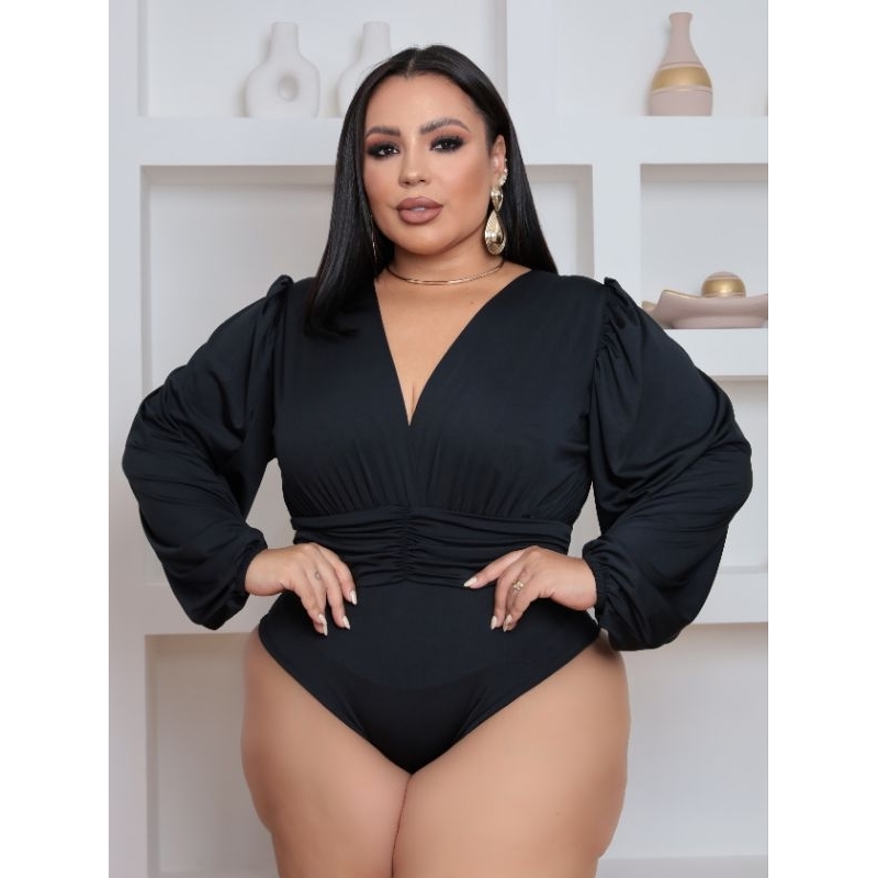 💫Body Feminino Plus Size Manga longa Decote V elegante💫