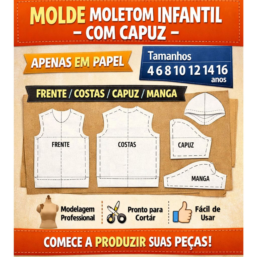 Molde Moletom Infantil Unissex + Capuz | Modelagem Profissional  Papel semi krafit | Tam 4 ao 16